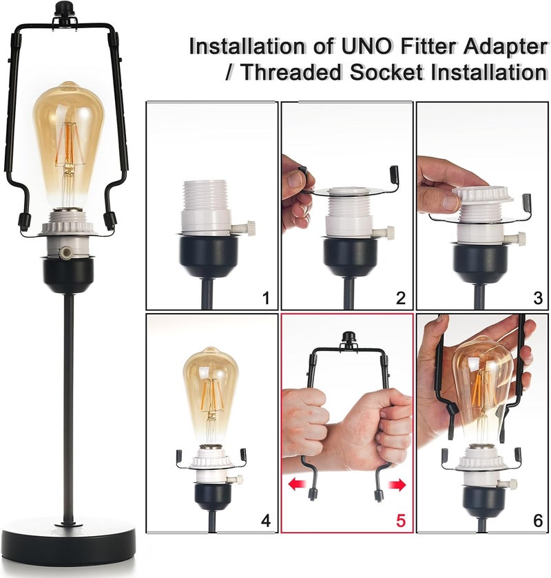EMNOOTI 7 8 9 10 inch Lamp Shade Harp Holder,Adjustable Lamp Harp Kit,Fit both Standard Lamp Rod and E26 Light Base UNO Fitter Adapter,with 2 Shade Attaching Finial Top (Black Color - 2 Set) - Image 4